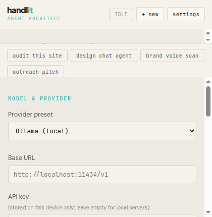 handlit Agent Architect — the Chrome side panel with its quick actions and bring-your-own-key model settings